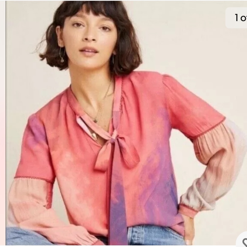 Bl-nk London Anthropologie Mina Peasant Tie Dye Neck Tie Blouse Top Size XS